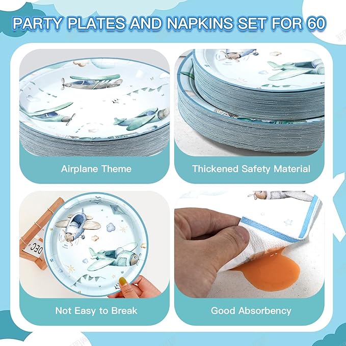 180Pcs Airplane Baby Shower Party Supplies Paper Plates and Napkins Serve 60 Disposable Tableware Set for Birthday Party Decorations Game Day Family School Holiday Sports Events