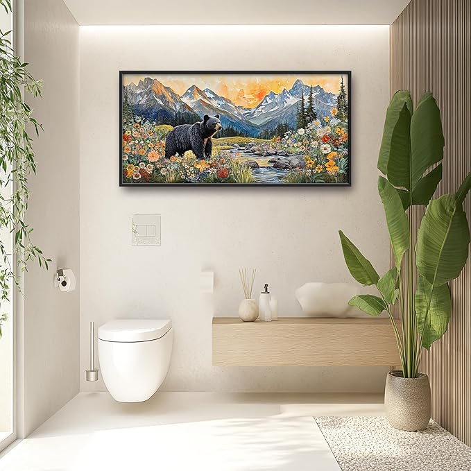 Extra Large Framed Abstract Black Bear Mountain Wall Art,Colorful Wildflower Forest Landscape Wall Decor Pictures for Living Room,Canvas Print Painting Modern Artwork Bedroom Office Bathroom 60L x30W