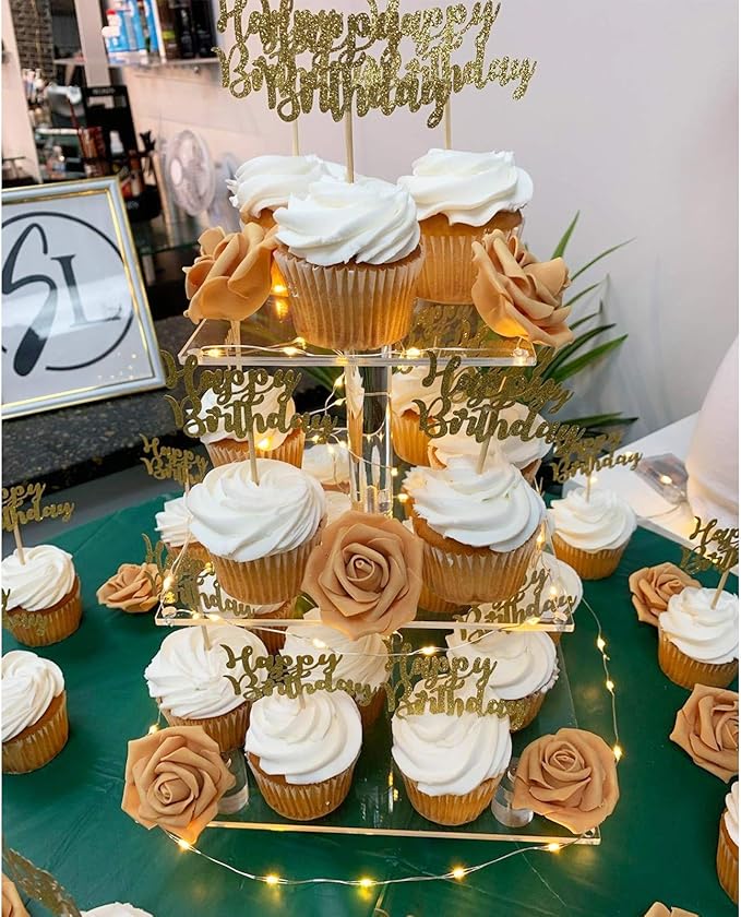 YestBuy 3 Tier Clear Square Cupcake Stand - Premium Cupcake Holder - Acrylic Cupcake Tower Display - Cady Bar Party Décor + LED Light String - Ideal for Weddings, Birthday Parties (Yellow Light)