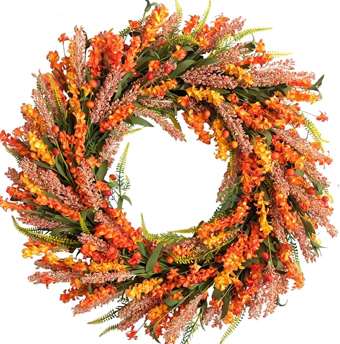 26 Inch Fall Flower Wreath for Front Door, Autumn Yellow Orange Forsythia Flower Indoor Outdoor Wreath with Berries Foam Leaves