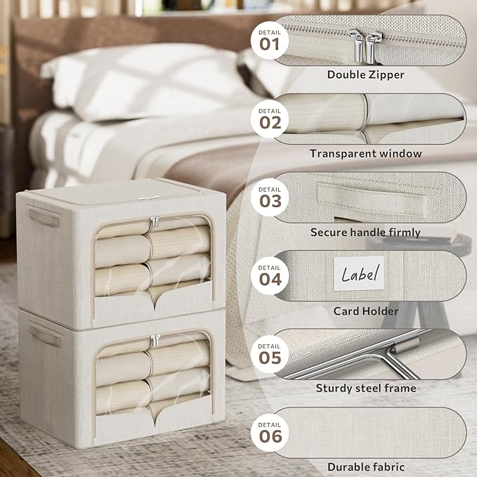 3 Pack Clothes Storage Bins - Foldable Metal Frame Storage Box - Stackable Linen Fabric Container Organizer Set with Carrying Handles and Clear Window (Beige, 19.7x15.7x13inch(66L))