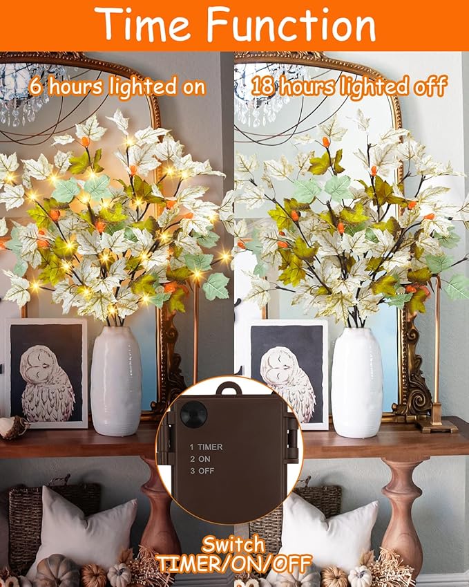 3 Pack Artificial Fall Maple Leaves Stems with 15 Acorn 60 LED Lights Battery Operated Lighted Autumn Maple Branches for Vases Fall Home Thanksgiving Table Decoration