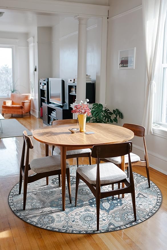 Lahome Moroccan Trellis Washable Round Rugs, Non-Slip Soft Round Rug 4ft Ultra-Thin, Small Vintage Circle Carpet for Entryway Kitchen Bedroom Nursery Bathroom, Blue