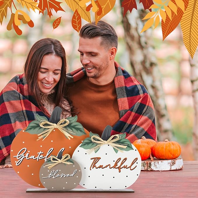 Soaoo Fall Pumpkin Table Decorations Wooden Thankful Blessed Centerpiece Autumn Grateful Tabletop Decor Farmhouse Harvest Pumpkin Block Signs for Party Rustic Table Shelf Decor Home(Vintage)