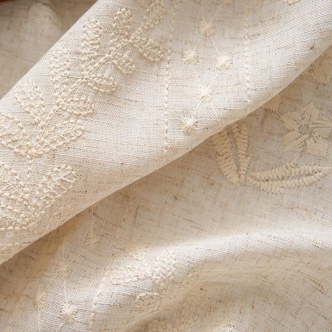 jinchan Belrose Linen Curtains for Bedroom Floral Curtains 63 Inch Length Linen Blend Ivory Embroidered Drapes Farmhouse Flower Patterned Drapes for Living Room Window Treatments Sets 4 Panels
