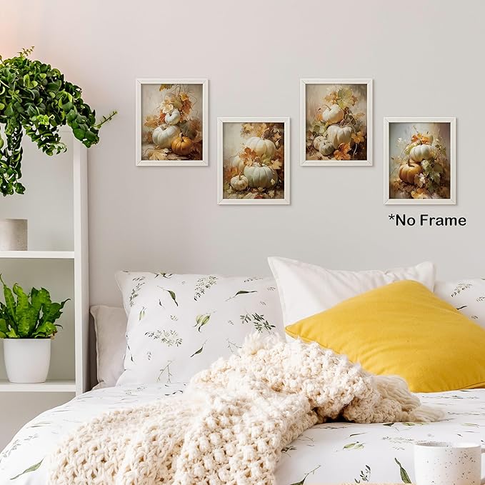 TLESKE Vintage Fall Pumpkin Posters Prints Unframed 8x10 Set of 4, Rustic Farmhouse Cottagecore Wall Art Prints Decor for Bedroom Living Room, Autumn Leaves Thanksgiving Wall Pictures