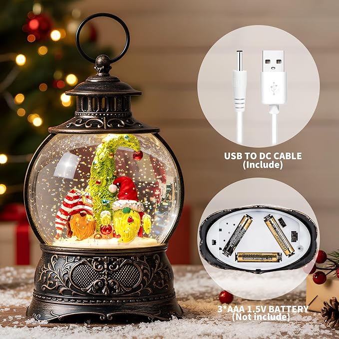 Christmas Snow Globe Lighted Gnomes Santa Elf Christmas Tree Scene, Musical Snow Water Lantern Swirling Glittering Home Decoration and Gift, Battery Operated or USB Powered