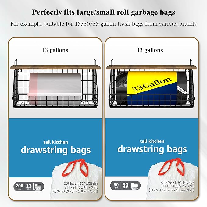 2 Pack Extra Large Kitchen Organizer Stackable Trash Bag Holder,Laundry Room Organizers Basket with Wood Top,Wall Mount Large Standard Garbage Bag Dispenser,Pantry Organizers,Under Sink Organization