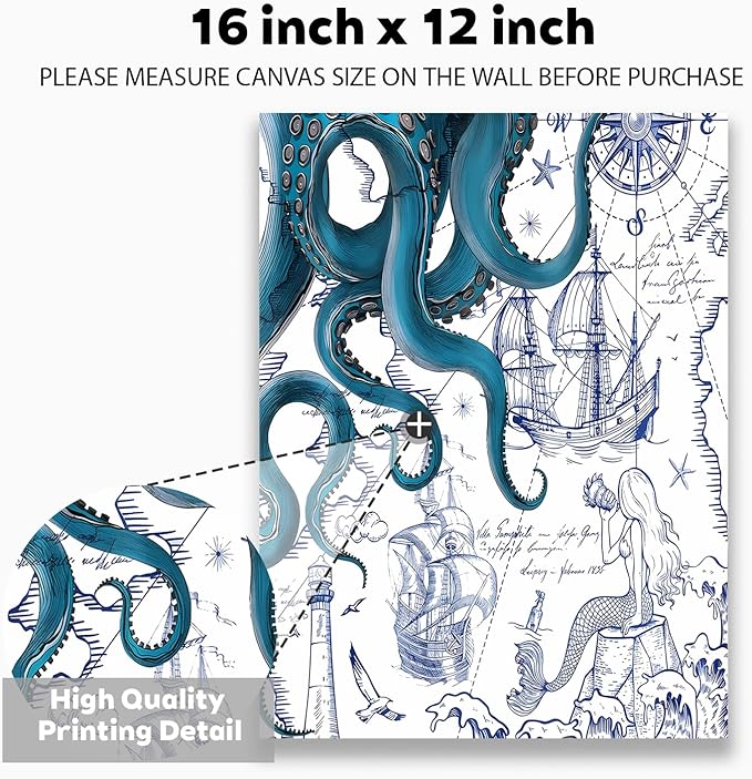 Nautical Ocean Wall Art, Coastal Canvas Print with Octopus and Ships, Blue Marine Life Artwork Decor for Bathroom, Coastal Bedroom, Living Room or Beach House 12 x 16 inches