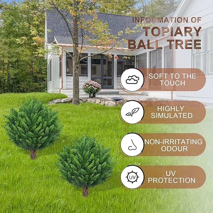 21" Artificial Cedar Topiary Ball Trees with Ground Spike Set of 2 - UV Resistant Faux Shrubs & Bushes Potted Plants for Outdoor Indoor Front Porch Garden