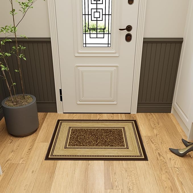 Ottomanson Rugs for Entryway 2'3" x 3' Non Slip Border Small Area Rugs Durable Front Door Mat Rug Stain Resistant Entrance Rugs for Bathroom Kitchen Bedroom & Living Room, Brown
