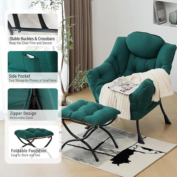 Modern Lazy Chair with Folding Footrest, Lounge Accent Reading Chair (Dark Green)