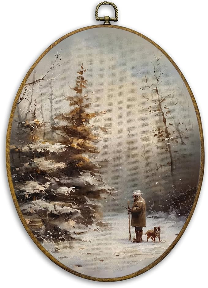 CUANFDDSF Vintage Farmhouse Winter Oval Wall Art Decor, Rustic Christmas Pine Tree Landscape Wall Hanging Decor, Retro Country Winter Framed Canvas Prints for Home Bedroom Living Room, 8.6x11.4 Inch