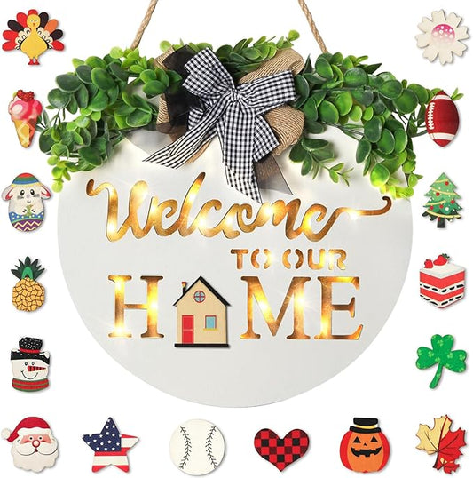 MIPON Welcome Sign for Front Door, Wall, or Porch Decor - Interchangeable Seasonal 17 Changeable Icons for All Seasons & Holidays (Spring, Summer, Fall, Winter, Easter, Christmas) - White