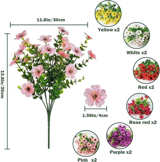 Nepfaivy Artificial Outdoor Flowers UV-Resistant - Realistic Artificial Flowers for Outdoors 12 Bundles of 6 Colors, Fade Resistant Fake Flowers for Outside, Plastic Faux Flowers for Outdoor Planters