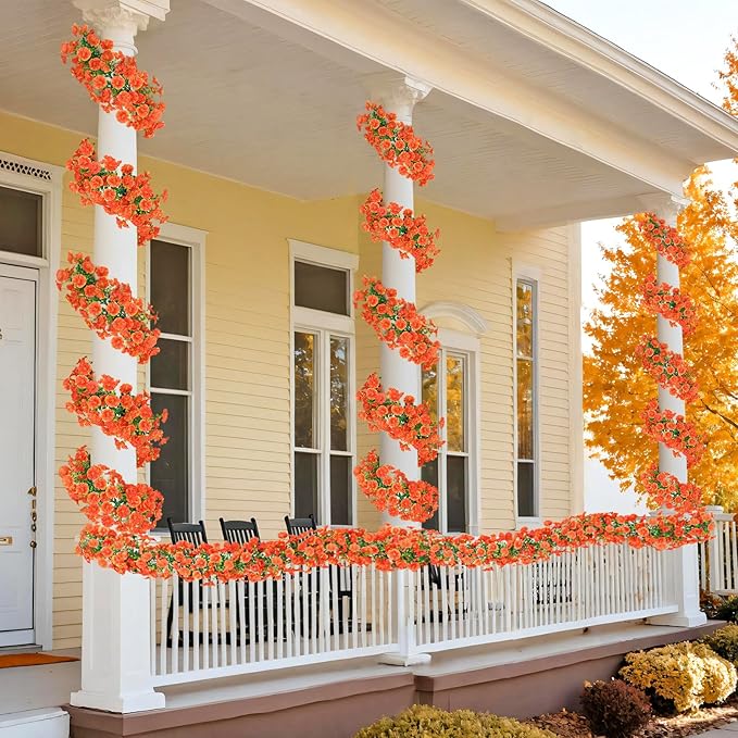 Dremisland Fall Artificial Flowers Garland 2Pcs 5.9Ft Artificial Fall Morning Glory Flower Vines UV Resistant Orange Yellow Hanging Autumn Floral Vines for Home Garden Wedding Party Thanksgiving Decor