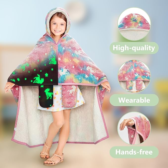 Unicorn Glow in The Dark Wearable Blanket for Girls- Soft Warm 52"X60" Sherpa Fleece Unicorn Gifts for Girls Age 8-10, 6-8, 4-6, Hooded Throw Blanket Gift for Kids