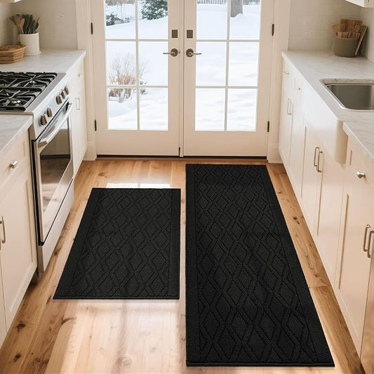 COSY HOMEER 60x24Inch/36X24Inch Kitchen Rugs Sets Non-Slip Washable Kitchen Mats for Floor Polypropylene Absorbent Kitchen Runner for Kitchen Sink Hallway Entryway(Black)