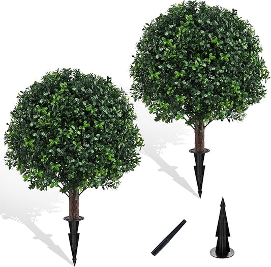 Artificial Boxwood Topiary Ball Bush for Outdoor with Spike, Set of 2 UV Resistant Faux Boxwood Ball Tree with Stake, Weatherproof Fake Round Topiary Shrub Plant for Front Porch Planter