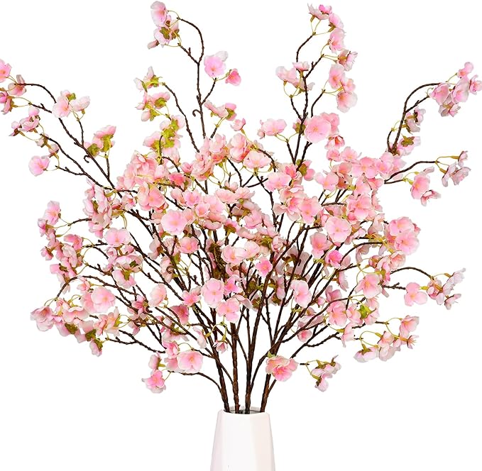 Sunm Boutique Faux Cherry Blossom Branches, Artificial Cherry Blossom Stems Cherry Blossom Flowers Vase Arrangements for Wedding Home Party Kitchen Decor, Light Pink, Set of 3