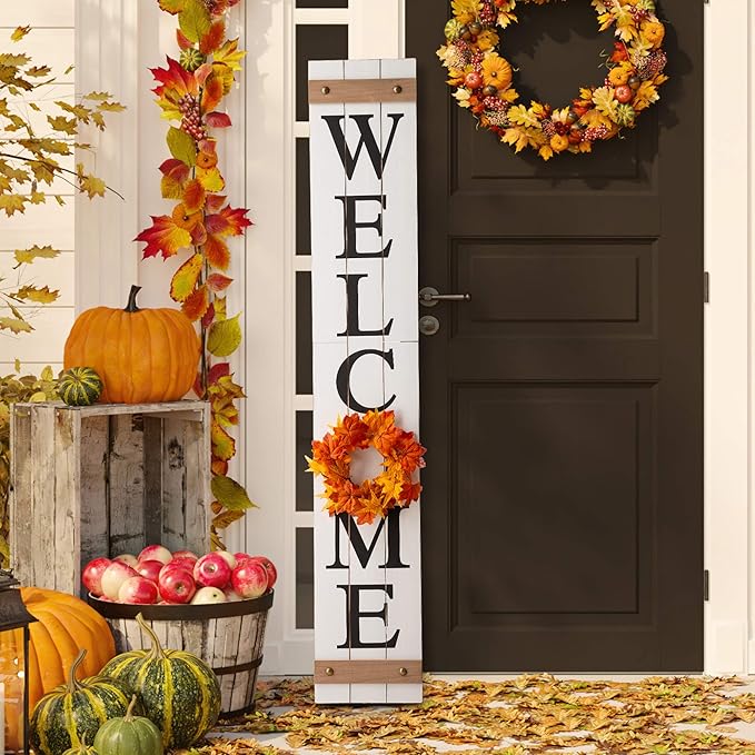 Glitzhome Welcome Sign with 4 Interchangeable Floral Wreaths for Front Door Porch, Farmhouse Wooden Hanging Wall Sign for Seasons Spring Fall Harvest Thanksgiving Christmas, 60”H, White