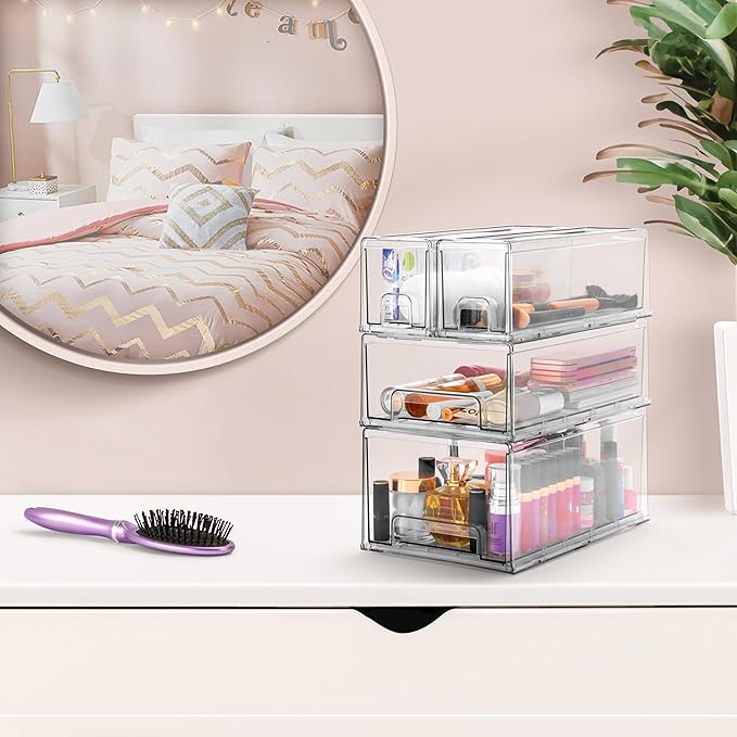 Sorbus Small Wide Clear Stackable Storage Drawers – 4-Pack Plastic Organizer Bins with Handles – Stackable Pull-Out Storage Drawers for Closet, Pantry, Office, Bathroom, Craft, and Toy Organization