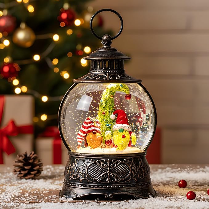 Christmas Snow Globe Lighted Gnomes Santa Elf Christmas Tree Scene, Musical Snow Water Lantern Swirling Glittering Home Decoration and Gift, Battery Operated or USB Powered
