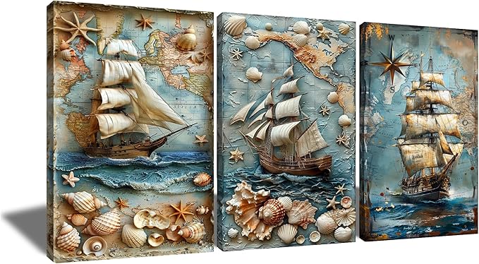 Abstract Sailboat Canvas Wall Art 3 Pieces Large Size Poster Blue Ocean Landscape Nautical Picture Painting Artwork for Living Room Hotel Office Wall Decoration Stretched and Framed [72''Wx 36''H]