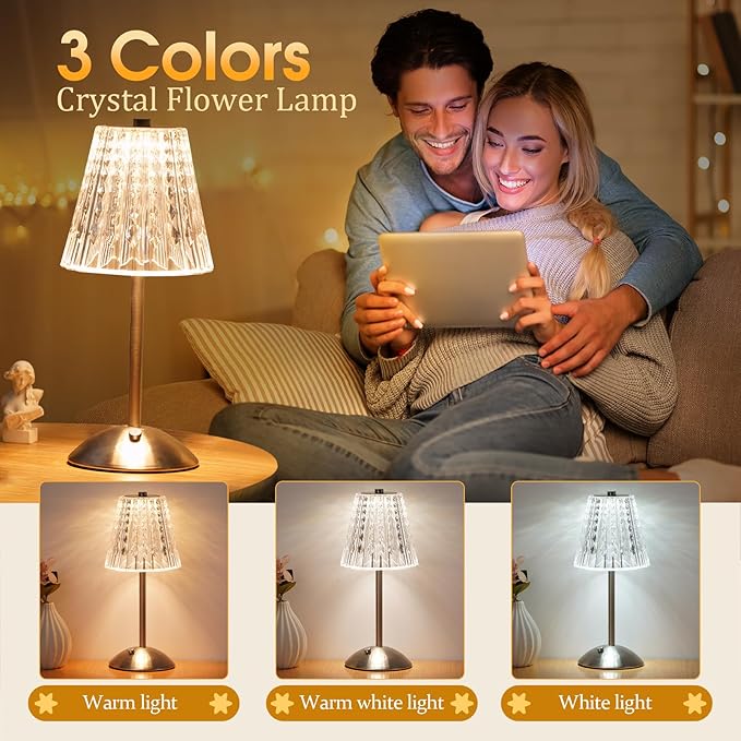 Cordless Touch Table Lamp, LED Rechargeable Small Dask Lamp, 3 Colors Dimmable Battery Operated Crysta Lamp for Bedroom Restaurant Kitchen Home Decor,Silver