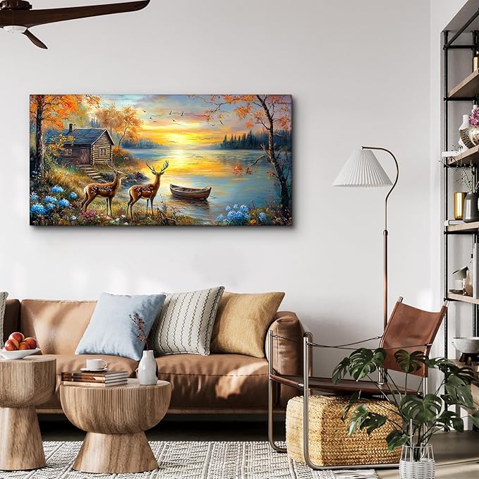 crmotu Animal Landscape Wall Art, Lake Sunset Scenery Large Artwork, Cottage Deer Flower Rustic Canvas Art Prints, Nature Autumn Scenic Paintings Wall Decor Living Room Bedroom Kitchen 20X40 In