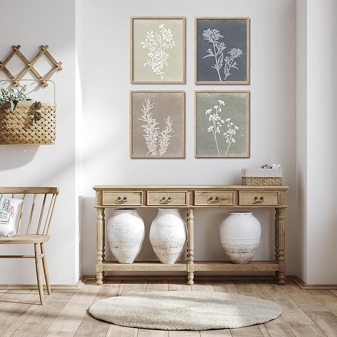 Framed Boho Wall Art Set of 4 for Wooded Minimalist Botanical Print Wall Art for Rustic Vintage Farmhouse Home Kitchen Wall Decor (Brown, 16"x20")