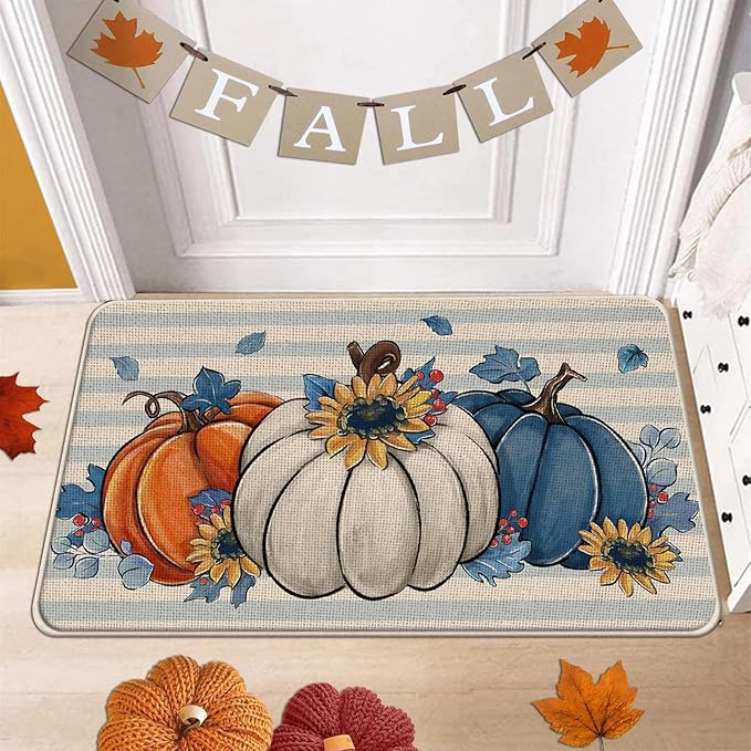 Fall Blue White Pumpkin Kitchen Rugs Set of 2, Autumn Sunflower Stripes Kitchen Mats Decor, Thanksgiving Seasonal Floor Door Mat Home Decorations - 17x29 and 17x47 Inch