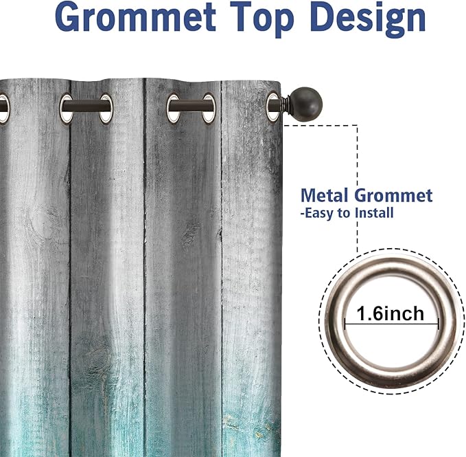 Jekeno Wooden Blackout Curtains Blue Gradient Wood Board of Farmhouse Village Rural Lodge Nature Retro Decor for Home Bedroom Living Room Grommet Window Drapes 2 Panel Set, 42"x63"