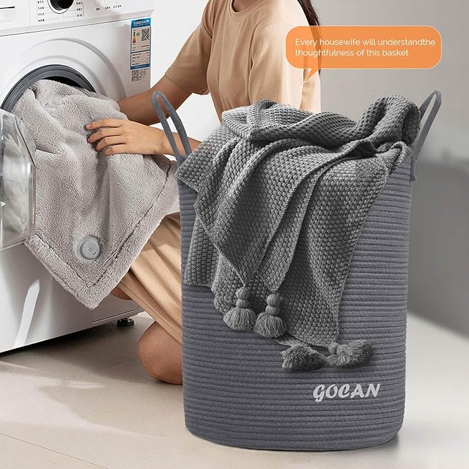 large tall sturdier Laundry Hamper Basket Woven Storage Baskets for clothes Pillows Blanket Toy in living or bed room decoration H50XD38cm darkgrey