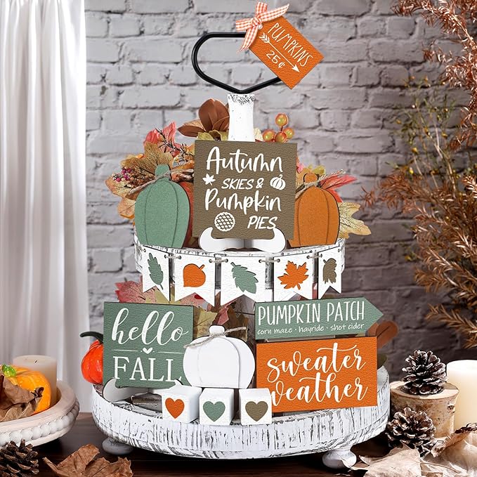 Sumind 15 Pcs Fall Tiered Tray Decor Set Fall Decorations for Home Autumn Wood Signs Thanksgiving Orange Brown Table Signs Farmhouse Wooden Maple Pumpkin Gnomes Tabletop for Festival(Heart)
