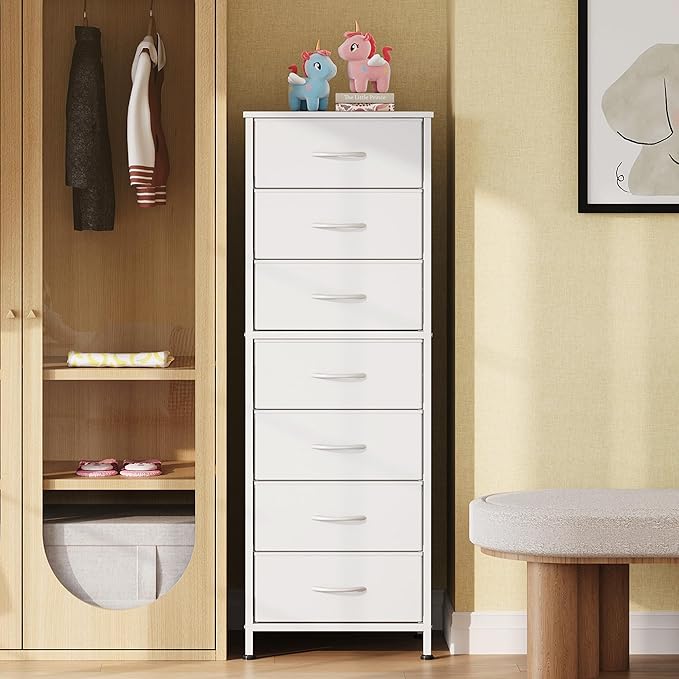 WLIVE White Tall Dresser for Bedroom, 7 Drawer Dressers & Chests of Drawers, Fabric Dresser for Closet, Living Room, Night Stand with Metal Frame, Storage Tower with Fabric Bins, Wood Top