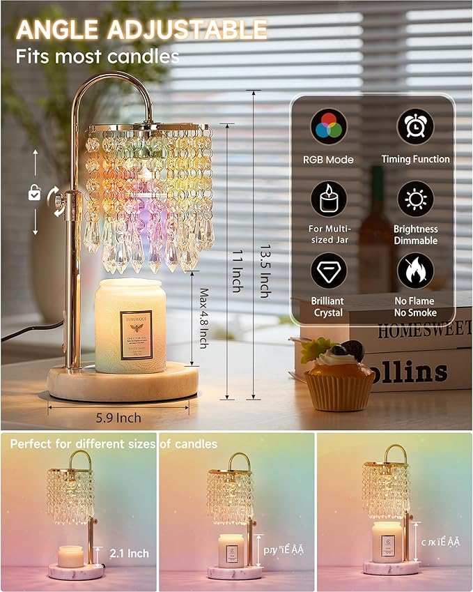 Candle Warmer Lamp with Timer Dimmer and 3 Bulbs, Candle Lamp Warmer with RGB Mode for Adjustable Height, Crystal Candle Lamp for Jar Candles, House Warming Gifts Home Room Decor, French Gold