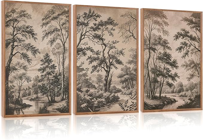 CHDITB Vintage Landscape Framed Wall Art, Neutral Minimalist Tree Wall Decor, Nature Woodland Sketch Spiritual Painting, Retro Botanical Forest Poster Classic Wilderness Office Art Prints 24"x36"x3