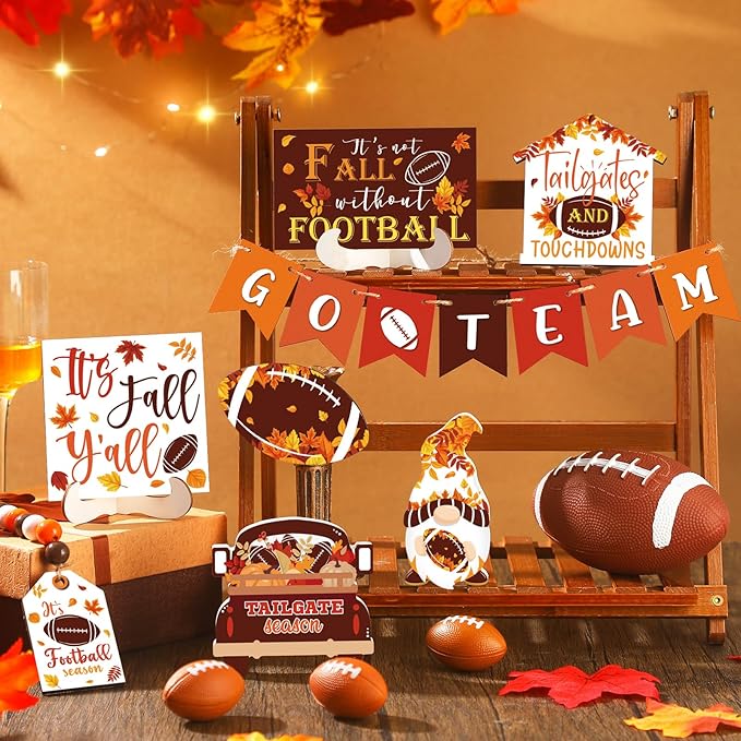 Sumind 15 Pcs Fall Tiered Tray Decor Set Fall Decorations for Home Autumn Wood Signs Thanksgiving Orange Brown Table Signs Farmhouse Wooden Maple Pumpkin Gnomes Tabletop for Festival(Football)