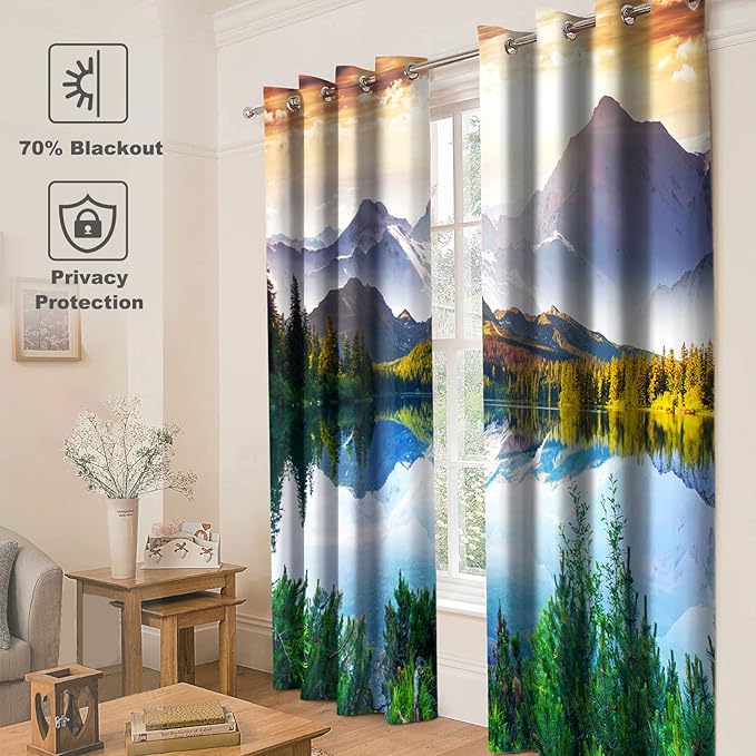 Jekeno Mountain Forest Blackout Curtains Lake Sky Sunshine Wild Nature Scenic Scenery Landscape Decor for Bedroom Living Room Grommet Window Drapes 2 Panel Set, 52"x63"