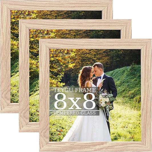 8x8 composite wood Picture Frame Set of 3, Real Glass for Rustic Natural 8x8in Poster Frames- Art Frame, Wall Hanging-Tabletop Display Gallery Family Wedding Memorial Pic Frame Best Gift