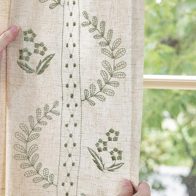 jinchan Belrose Linen Curtains for Bedroom Floral Curtains 84 Inch Length Linen Blend Sage Green Embroidered Drapes Farmhouse Flower Patterned Drapes for Living Room Window Treatments Set 2 Panels