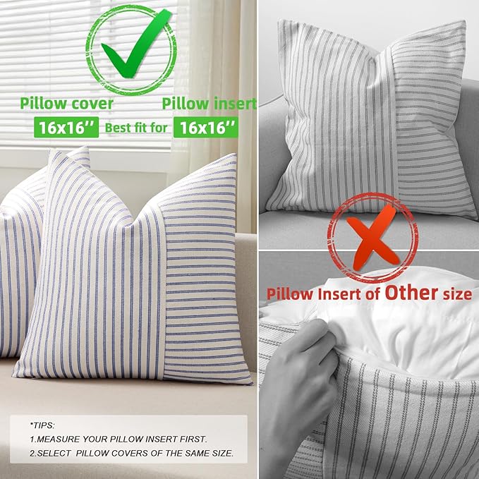 Farmhouse Pillow Covers 16x16, Modern Accent Square Throw Pillow Covers Set of 2, Blue and Beige Striped Patchwork Linen Decorative Pillows Cushion Covers for Couch Chair Bedroom Fall Decorations