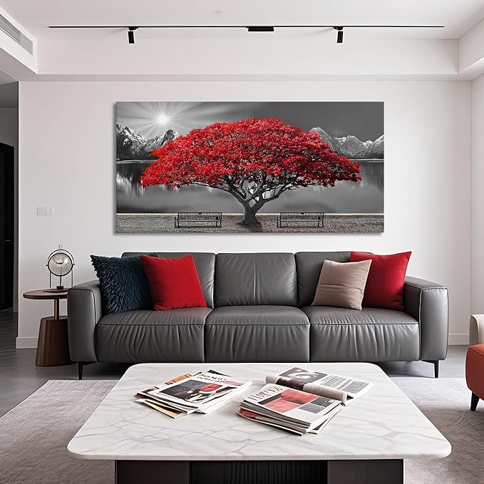 Black and White Red Tree Wall Art Canvas Print Picture Large Red Tree Landscape Modern Artwork for Living Room Bedroom Office Home Wall Decor With Frame 29X58inch