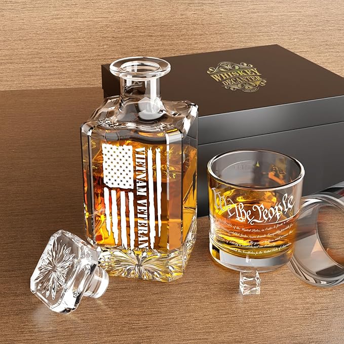 FURSARCAR Cool Birthday Gifts for Dad Men, Flag Whiskey Decanter Set with 2 Glasses, Unique Cool Mens Fathers Birthday Gift from Daughter Son, Xmas Retirement Present Decanter Sets for Man