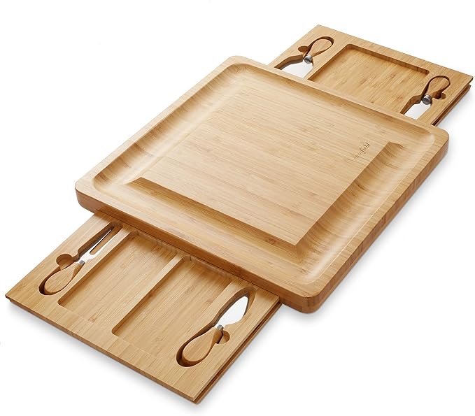 Casafield Bamboo Cheese Board Gift Set, Charcuterie Board Serving Platter with Stainless Steel Knives for Entertaining, Birthdays, Weddings