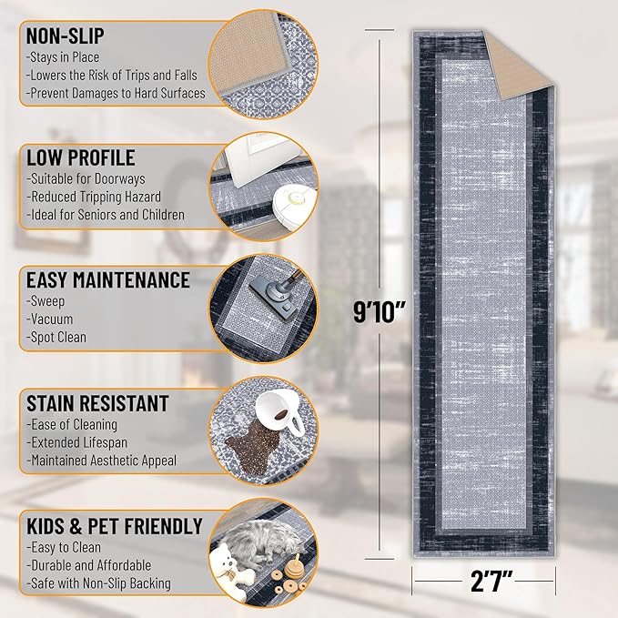 Ottomanson Hallway Runner Rug 2'7" x 9'10" Non Slip Border Area Rugs Easy to Clean Laundry Rug Runner Durable & Pet Friendly Floor Carpet Runners for Hallways Entryway Living Room Kitchen, Gray/Navy