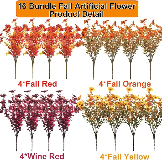 16 Bundles Artificial Fall Flowers Outdoor UV Resistant Faux Daisy, Colorful No Fade Autumn Decor for Front Door Porch Patio Yard Balcony Thanksgiving Christmas (Fall Mix)