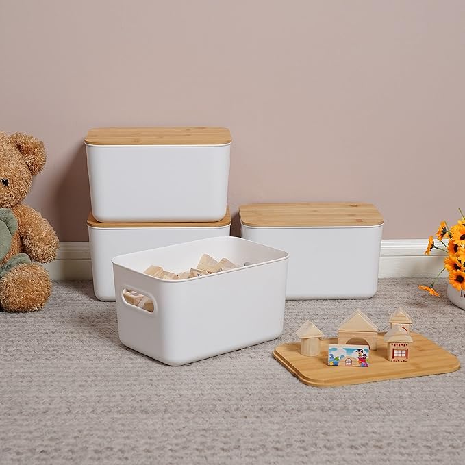Citylife 4 PCS Storage Bins with Bamboo Lids Plastic Storage Containers for Organizing Stackable Storage Box with Handle, 10.23 x 7.08 x 6.3 inch
