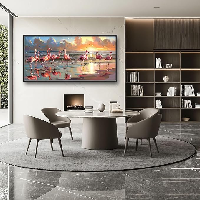 Flamingo Large Wall Art Coastal Beach Sunrise Pictures Wall Decor Seascape Canvas Print Painting Artwork for Bathroom Living Room Bedroom 60L"x30W"